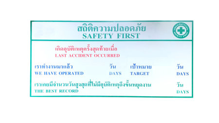 Safety statistics with the Thai language phrase that mean "Safety first, Last accident occurred, We have operated, Thebest record"の写真素材