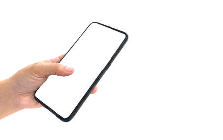 Hand business woman holding mobile smartphone with blank screen isolated on white background with clipping pathの写真素材