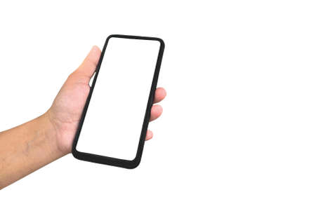 Hand business woman holding mobile smartphone with blank screen isolated on white background with clipping pathの写真素材