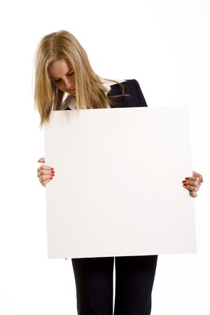attractive businesswoman holding a blank boardの写真素材