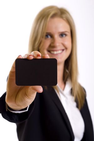 closeup of an attractive woman presenting a cardの写真素材