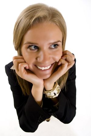 wide angle picture of an attractive businesswoman smilingの写真素材
