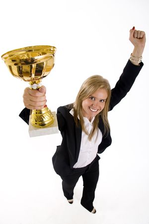 wide angle picture of an attractive businesswoman winningの写真素材
