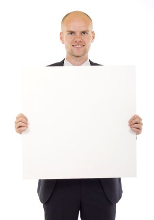 Businessman holding blank board for your presentation messagesの写真素材