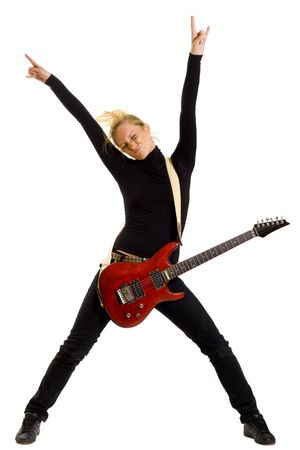 woman guitarist with hands in the air over white backgroundの写真素材