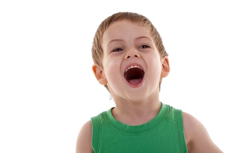 portrait of emotionally kid, close-up, over whiteの写真素材