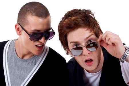 funny looking guys posing for the camera on white backgroundの写真素材