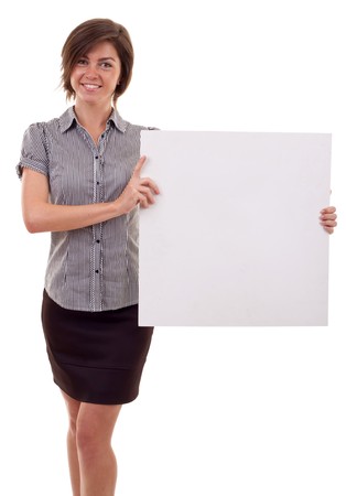 Portrait of a beautiful business woman holding a blank billboard. の写真素材