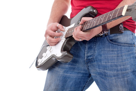 closeup of a rock guitarist playing on a white background