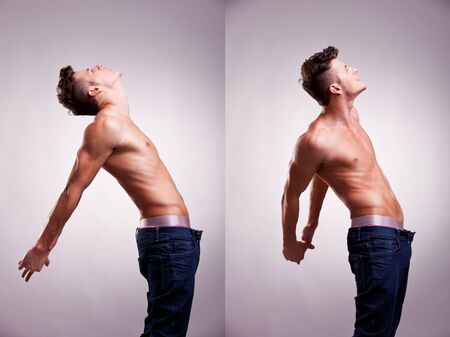 arrangement made of two artistic portraits of young topless man stretching on a gray backgroundの写真素材