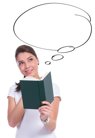 casual young woman holding a book and looking up pensively at a speech bubble. isolated on white backgroundの写真素材