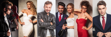 collage picture of a group of different fashion people shot in studio