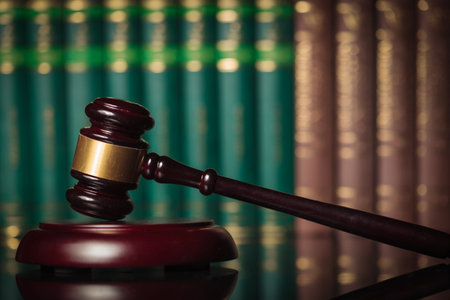 side picture of a judge's gavel in front of a row of law books, learing law concept