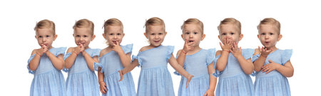 collage image of a cute happy little girl in different portrait poses on white background