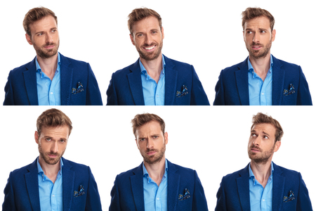 collage of 6 images of a young man's faces on white backgroundの写真素材