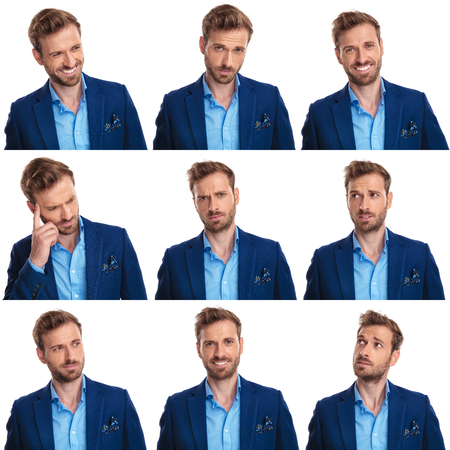 funny collage of 9 images of a young sexy man in elegant clothes on white backgroundの写真素材