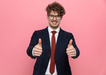 happy young businessman in navy blue suit wearing eyeglasses and making thumbs up sign on pink backgroundの写真素材