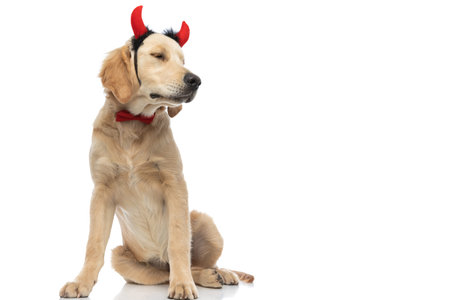 golden retriever dog wearing devil horns and a bowtie, closing his eyes and sitting against white...