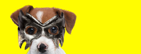 landscape of an adorable jack russell terrier dog hiding behind his mask on yellow backgroundの写真素材