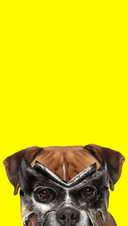 portrait of a boxer dog hiding his face from the camera and wearing a mask on yellow backgroundの写真素材