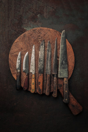 cooking concept illustrated by vintage set of carbon steel blade knives on top of old rustic chopping board on rusty metallic texture backgroundの写真素材