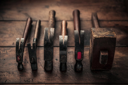 set of old vintage rusty carpentry equipment on top of rustic wooden workbench illustrating the concept of craftsmanship and manual workの写真素材