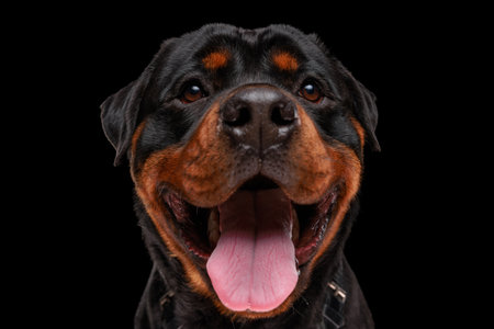 happy rottweiler dog looking up, sticking out tongue and panting, being excited and sitting on black background in studioの写真素材