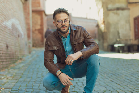 Portrait of sexy casual man sqautting down and looking away, wearing eyeglasses and leather jacket, outdoor in an old medieval townの写真素材