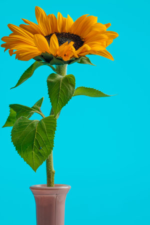 picture of beautiful yellow sunflower standing in a pot against blue backgroundの写真素材