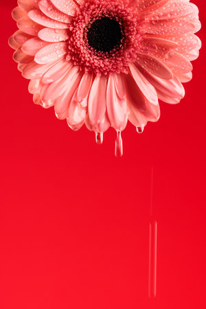 gerbera daisy flower with water dropping, concept of freshness and morning dew, red backgroundの写真素材