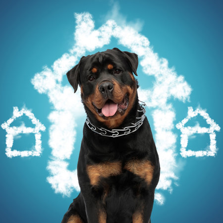 beautiful rottweiler dog with collar panting with tongue outside waiting for a loving family, in front of blue backgroundの写真素材