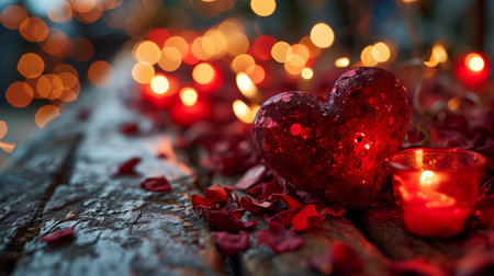 red shiny heart with romantic candle near illustrating the concept of valentineâs day romance and loveの素材