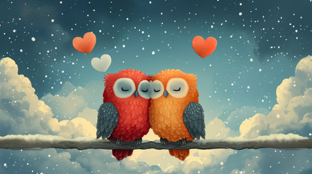 two owl sitting on a cold branch in winter and loving each other on valentineâs dayの素材