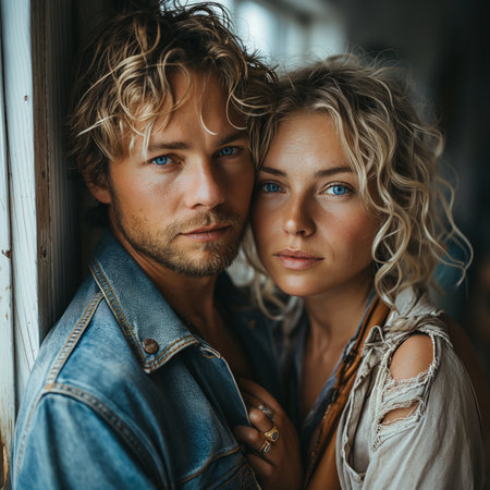 two people in a relationship, man and woman with blonde hair and blue eyes leaning on a wall, woman leaning on manâs chest and craving attachmentの素材