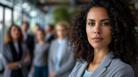 beautiful woman entrepreneur with brown eyes and curly hair taking a step in front of her team and being a good leaderの素材