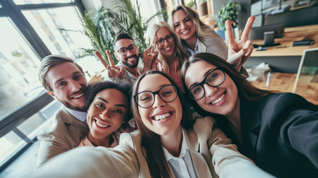work friends taking a selfie together, smiling, being happy, capturing the moment and making peace signの素材
