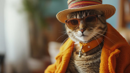 orange kitty wearing vivid orange jacket, collar, sunglasses and hat in a cozy roomの素材