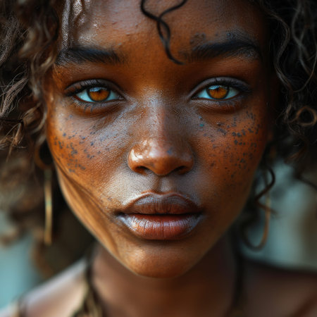 portrait of beautiful young black woman with brown eyes and curly hair promoting simplicityの素材