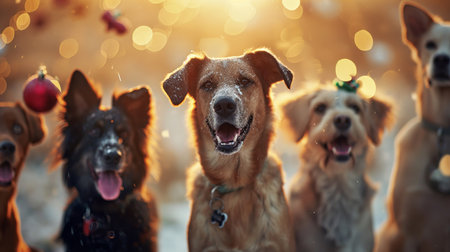 group of dogs celebrating the first snow, looking forward, sticking out tongue and being genuinely happy outdoorの素材
