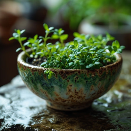 vintage old pot of green plants symbolic for nature and green environment, concept of green and natureの素材