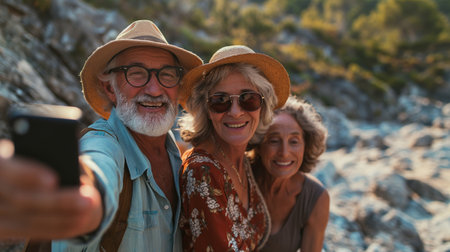 happy group of three senior people taking a selfie at the beachの素材