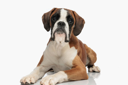 cute boxer dog looking forward while laying down in studio in front of white background in studioの写真素材