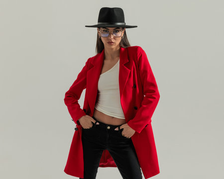 confident gashion woman with hat and red coat holding hands in pockets and being cool in front of grey backgroundの写真素材