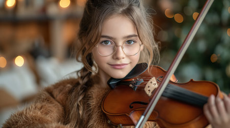 picture of beautiful little girl with glasses playing violin with passion and smilingの素材