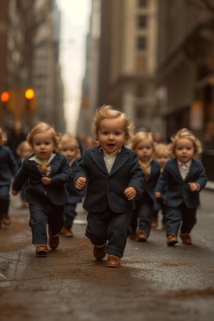 picture of army of little businessbabies in elegant suit running down on street and having funの素材
