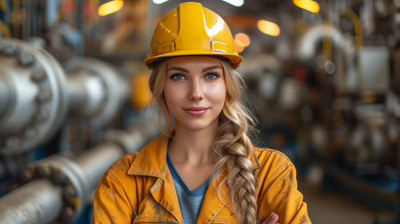 beautiful blonde engineer woman with yellow helmet working in a factory, looking forward and smilingの素材