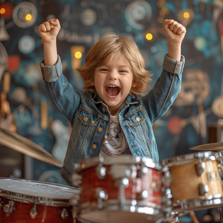 picture of passionate little blonde kid playing the drums and having fun, being energetic and enjoying the performanceの素材