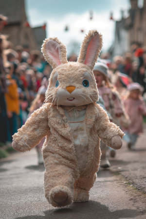 picture of easter bunny costume leading a parade of children on easter day, having fun and celebrating the holidayの素材