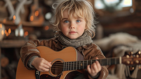 beautiful boy with blonde hair and blue eyes looking forward, playing acoustic guitar and performing inside the houseの素材