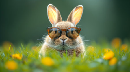 picture of adorable little bunny with big ears and sunglasses sitting in green grass in the woodsの素材